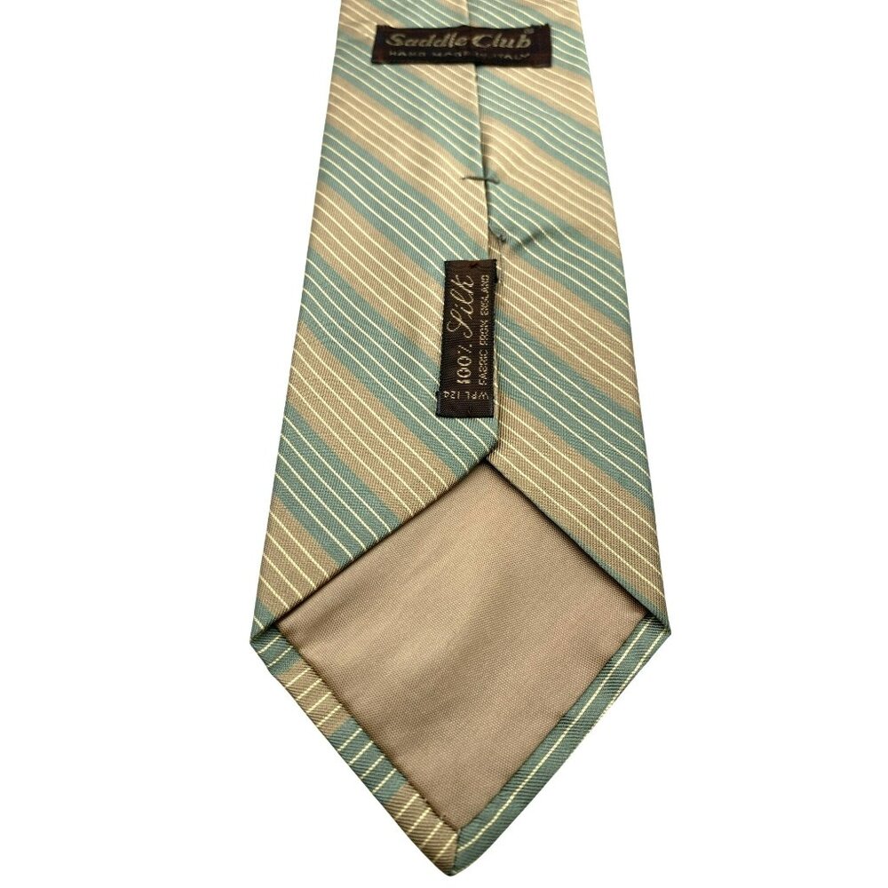 Saddle Club Tan Blue Striped Italy Italian Silk Tie Neck Luxury Vintage Mens - Picture 4 of 6